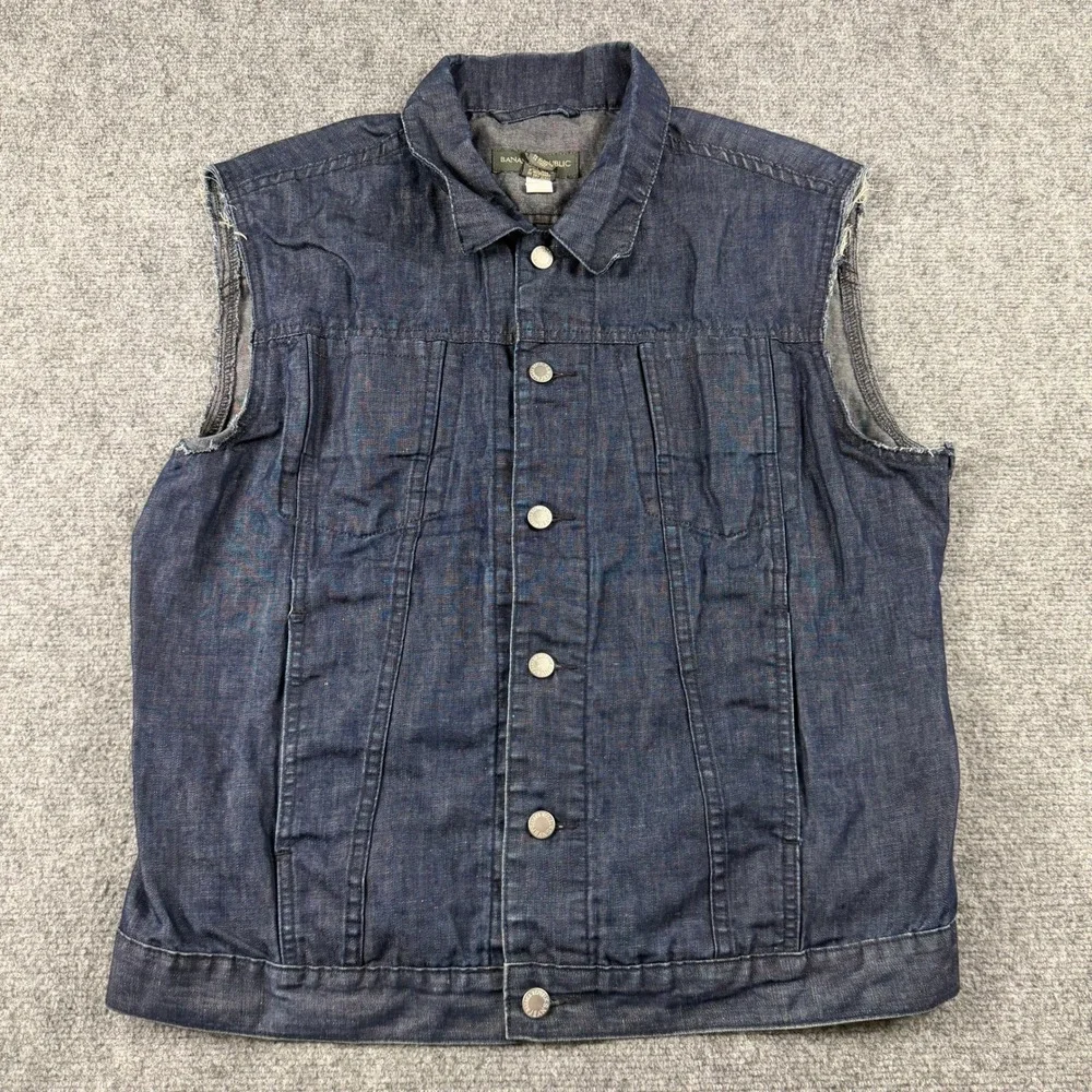 Banana Republic Denim Vest Mens Large Blue Cotton Linen Raw Edge Biker Trucker